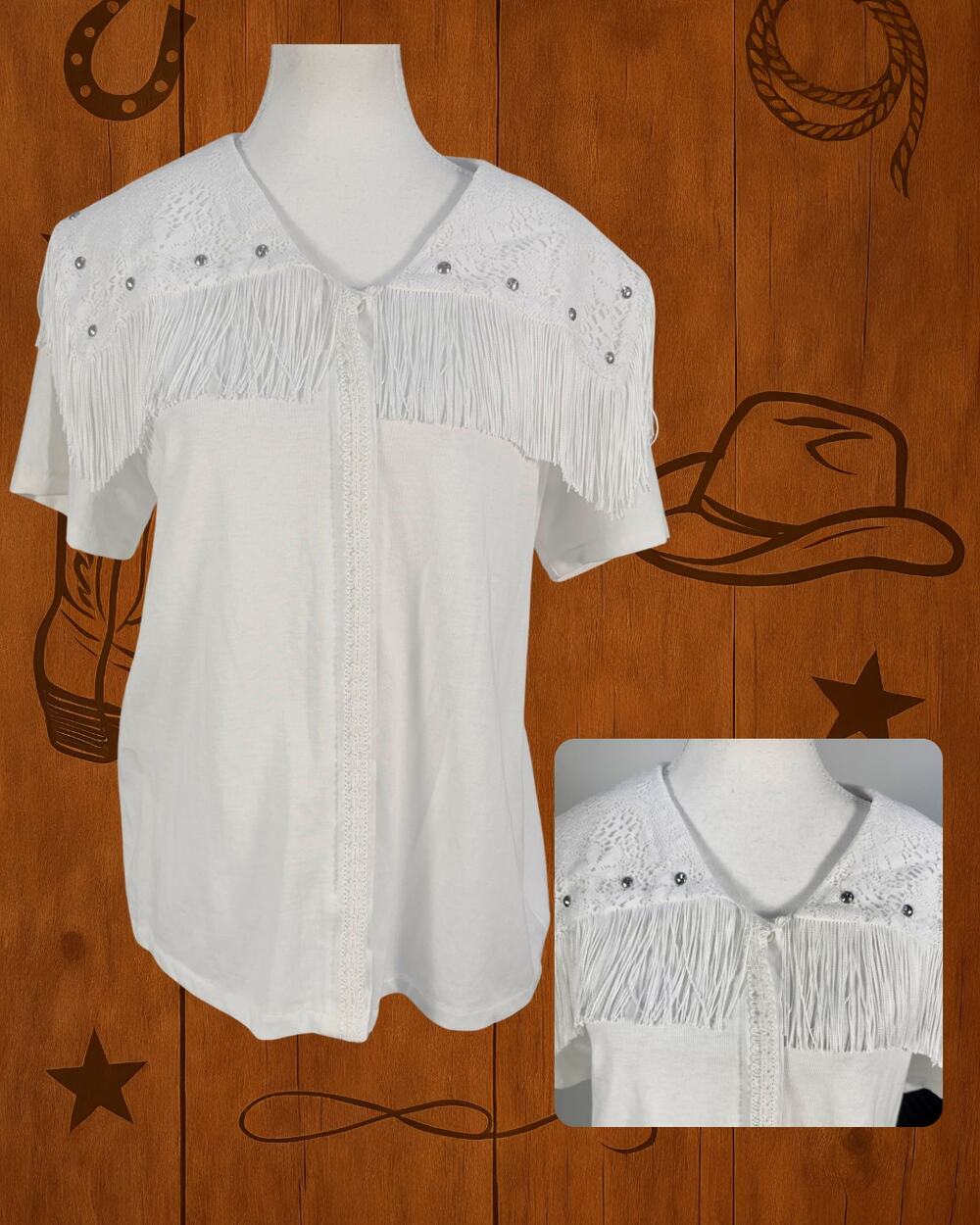 Vintage 80s Sas'sa White Fringed Studded Lace Collar Western Casual Shirt Size L